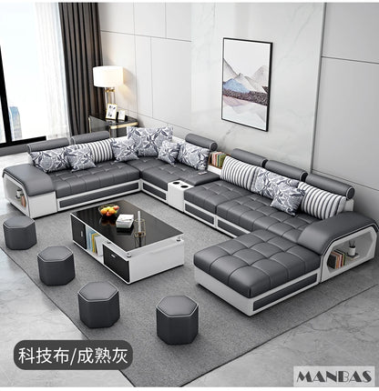 MINGDIBAO Fabric Sofa Set Furniture Living Room Sofa Set with USB and Stools / Big U Shape Cloth Couch Sofas for Home Furniture