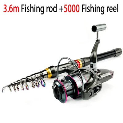 1.8-3.6m Carbon Fiber Fishing Rod and Reel Combo Super Hard Telescopic Fishing Pole Spinning Reel Kit Max Resistance 3-8kg Pesca