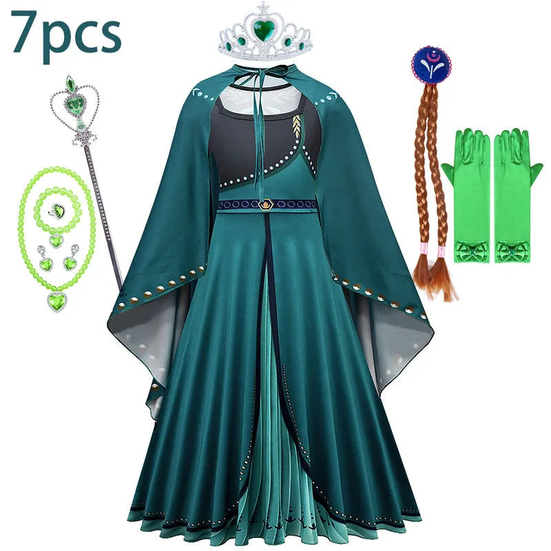 Frozen Green Anna Princess Girls Cosplay Costume Full Long Sleeve Dress With Cloak Carnival Party Kids Clothes Birthday Dress