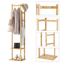 Heavy Duty Bamboo Coat Stand Freestanding Corner Clothes Rack with Hook and Shelves