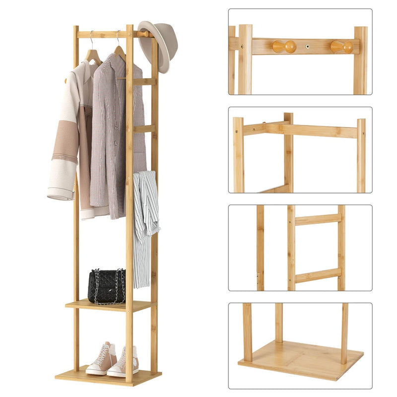 Heavy Duty Bamboo Coat Stand Freestanding Corner Clothes Rack with Hook and Shelves