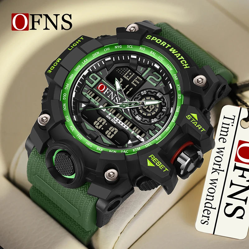 OFNS - Reloj de lujo estilo G para hombre, resistente al agua hasta 50 m, multifunción, deportivo, militar, de cuarzo, con LED digital