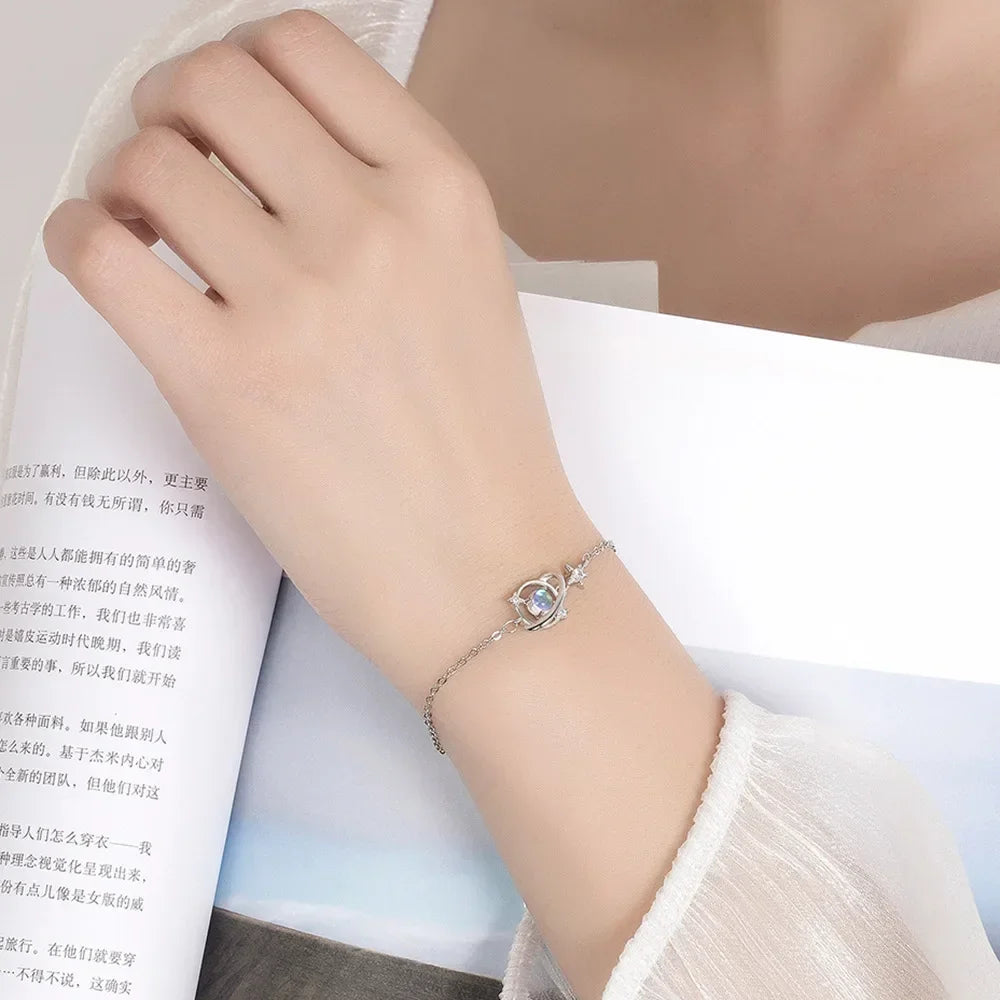 S925 Sterling Silver Shiny Star Crystal Hand Bracelets for Women Vintage Jewelry Luxury Accessories 