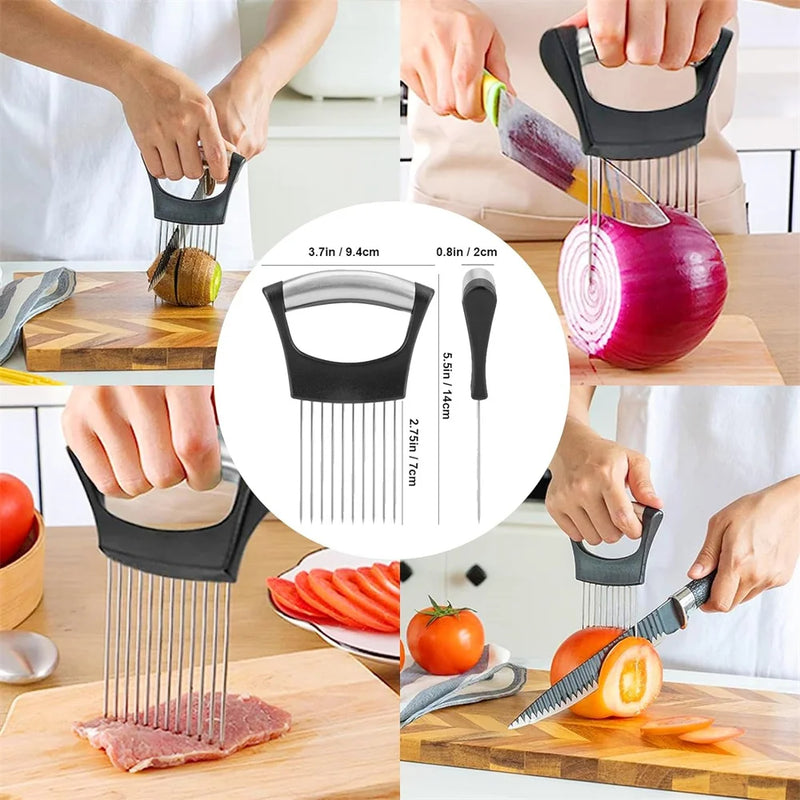 Food Slicing Assistant Kitchen Cutting Tool Durable Onion Cutting Stand with Comfort Handle Stainless Steel Onion Needle Kitchen