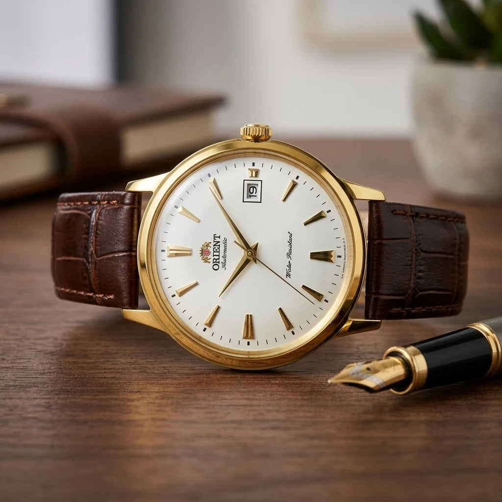 Relógio masculino automático vintage com pulseira de couro caixas dourada