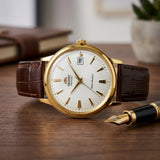 Relógio masculino automático vintage com pulseira de couro caixas dourada