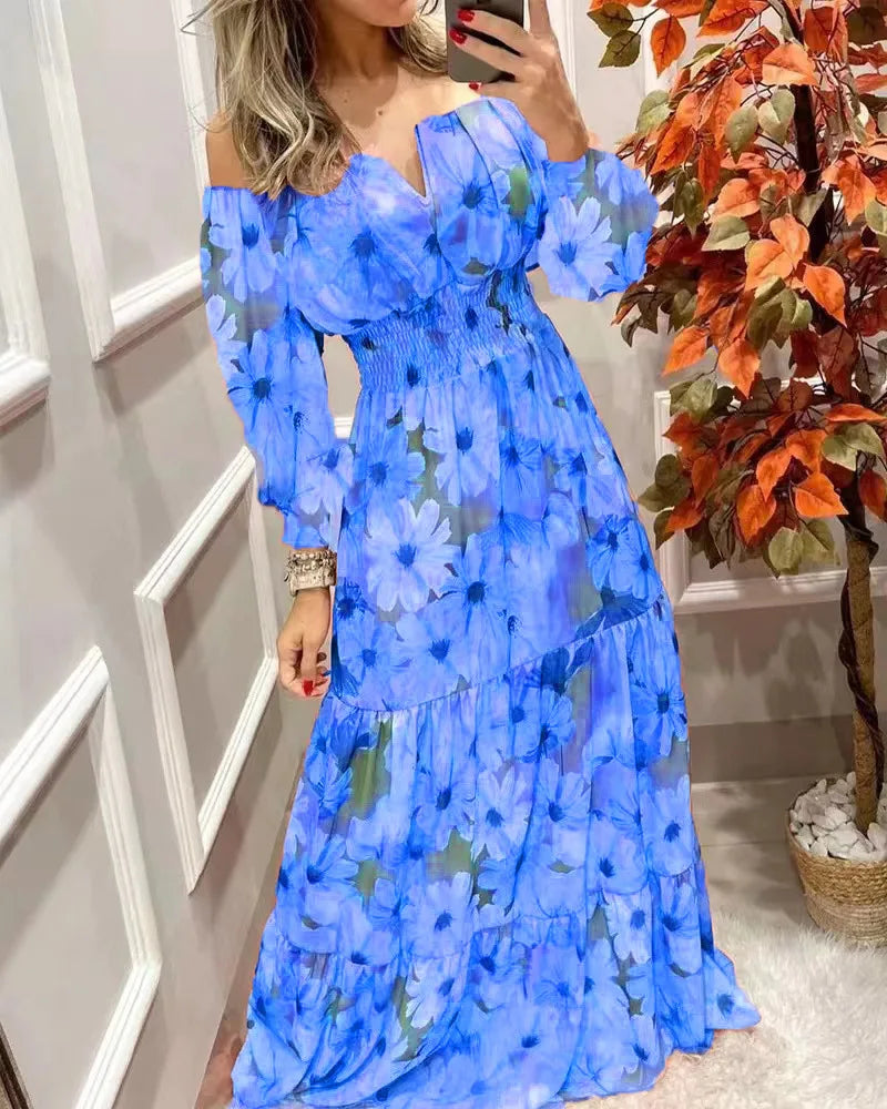 Women's Dresses 2022 Summer Vintage Print Off The Shoulder Casual V Neck Long Sleeved Waist Slim Maxi Dress