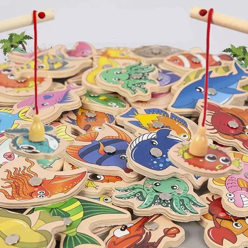 Montessori Wooden Magnetic Fishing Toys for Baby Cartoon Marine Life Cognition Fish Games Education Parent-Child Interactive