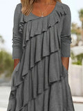 Vestido de talla grande con ribete de volantes, vestido informal de manga larga con cuello redondo, ropa de talla grande para mujer