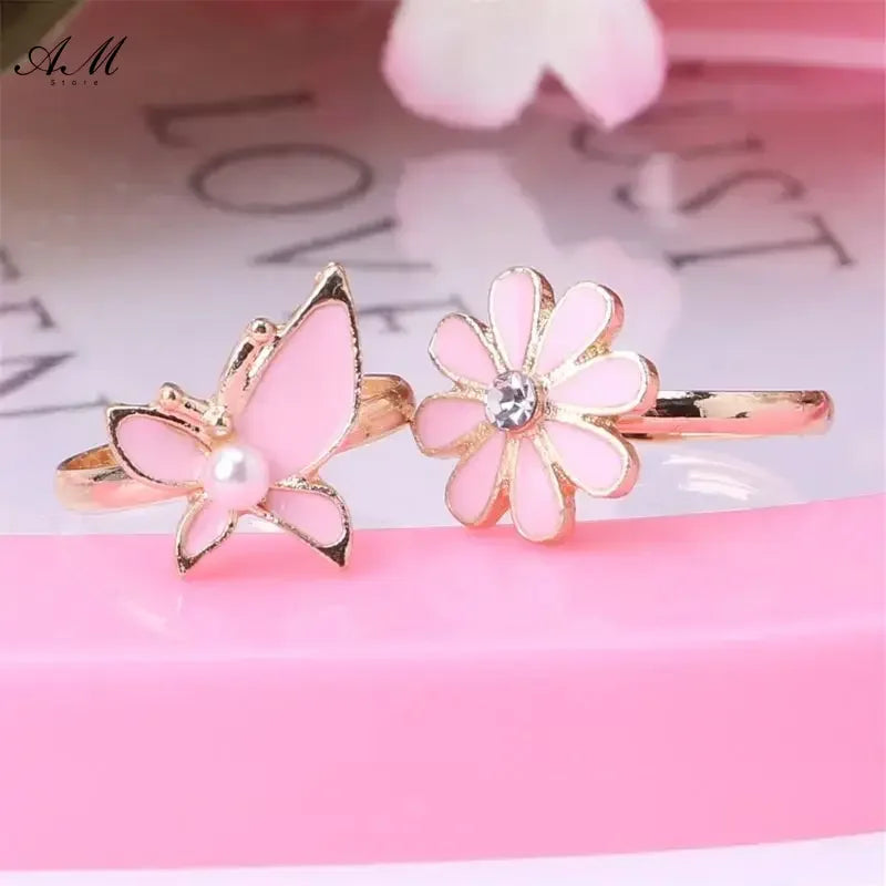 10 Pcs Adjustable Alloy Baby Girl Rings with Heart Shaped Box Cartoon Mix Finger Jewellery Rings Kid Girls Toys Random Color