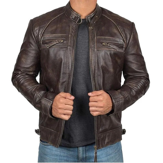 2024 New Men's Retro Leather Jacket Jacket Men Stand-up Collar Punk Handsome Motorcycle Leather Jacket Rock Jacket