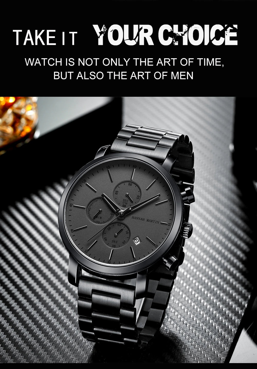 HANNAH MARTIN Brand Men Watch Black Stainless Steel Waterproof Fashion Sports Multifunctional Quartz Wristatch Relogio Masculino