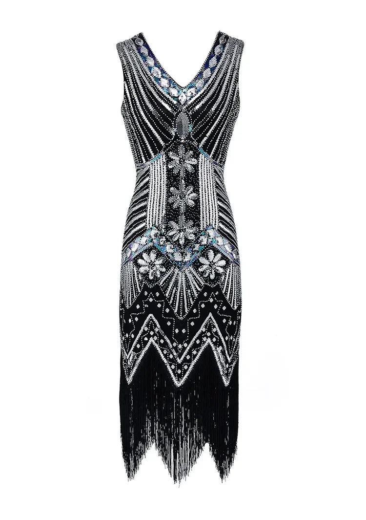 Vestido vintage Mandylandy para mujer, estilo retro de los años 20, estilo Gran Gatsby, con lentejuelas, sin mangas, para fiesta de baile, graduación y dobladillo con borlas.