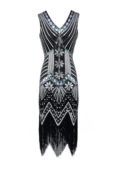 Mandylandy Women Vintage Dress Retro 1920s Great Gatsby Dress Sequin Flapper Sleeveless Dancing Party Prom Tassel Hem Dress