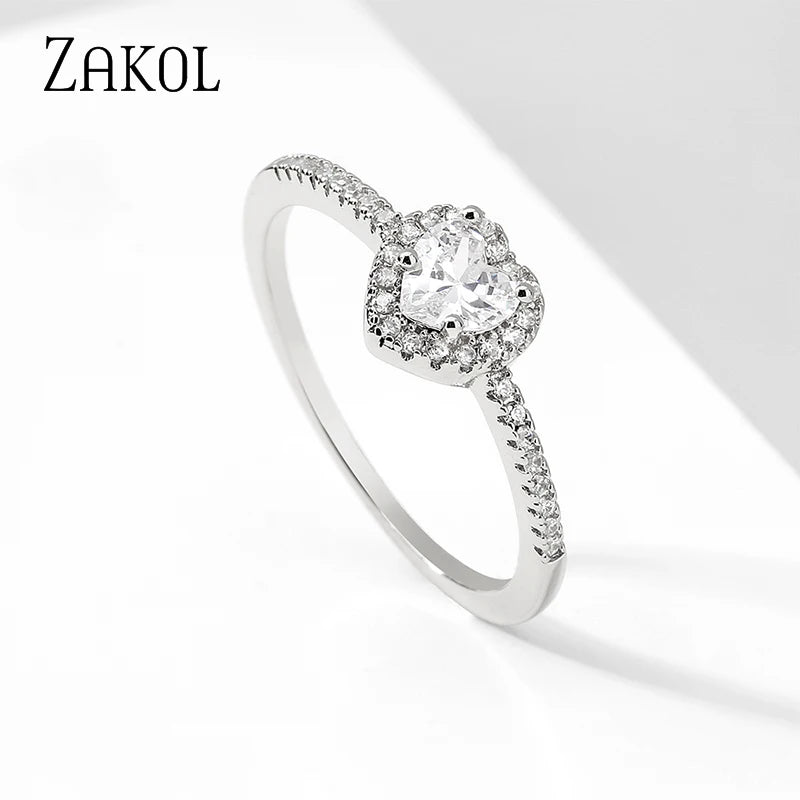 Anillos de compromiso ZAKOL con corazón rosa romántico y circonita cúbica para mujer, anillos de boda de moda con circonita cúbica AAA, joyería para regalo de San Valentín.