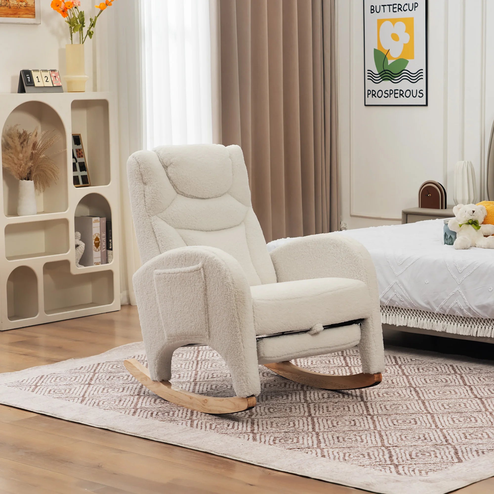 Anajqaqia Rocking Chair, Recliner, Living Room Chair with Armrests, Upholstered, Accent Chair for Bedroom, White Teddy Fabric