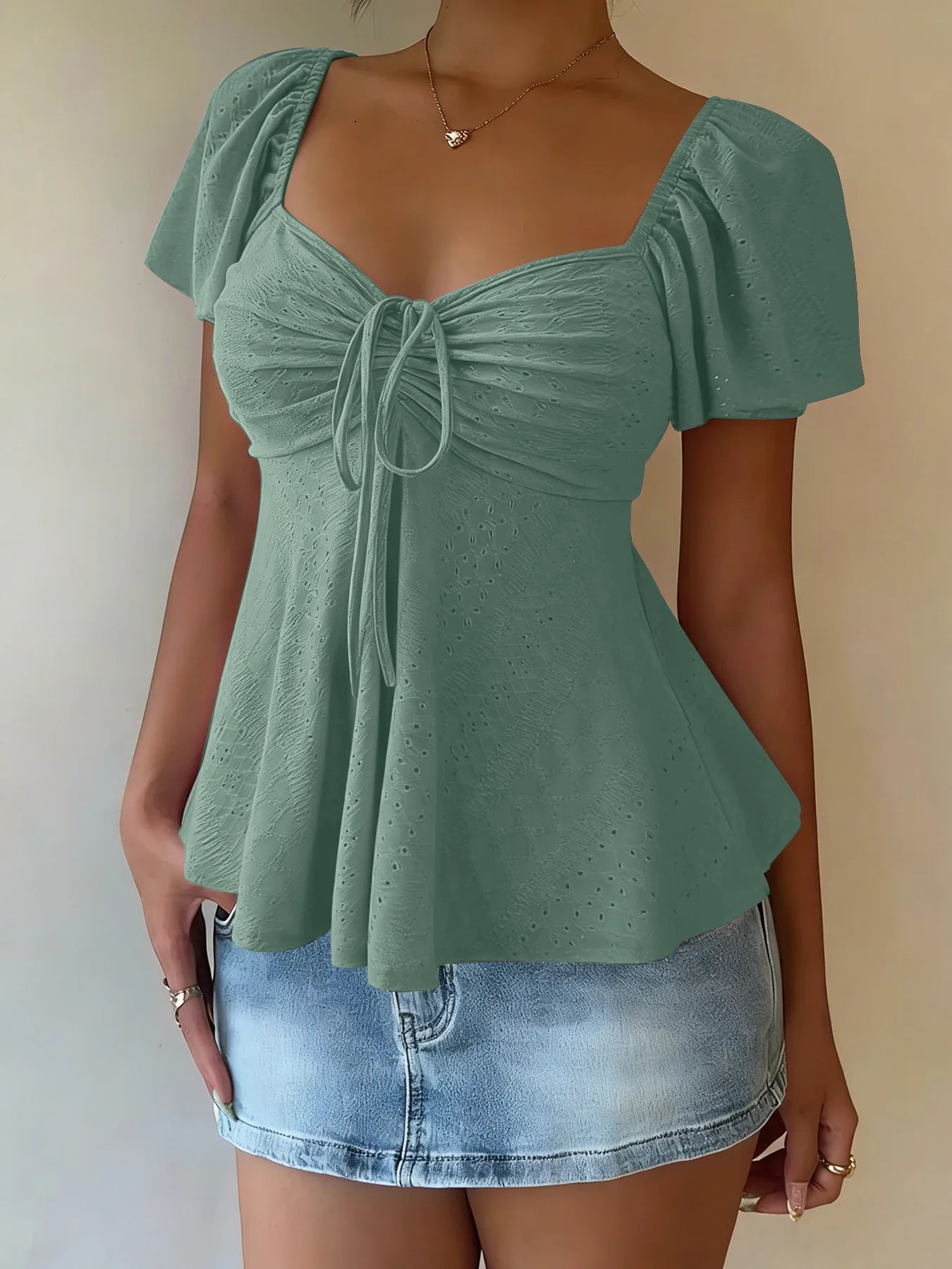 2026 Women Y2k Summer Tops V-Neck Drawstring Sexy Lace Up Short Sleeve Solid Color Shirts Female Elegant Casual Fashion Blouses
