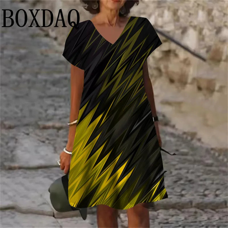Plus Size 6XL Women's Fashion Geometric Pattern Print Short Dress Summer Casual V-Neck Short Sleeve Elegant Loose Mini Dresses