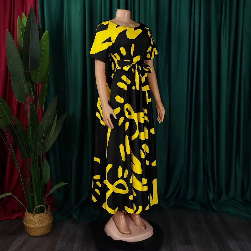 2025 Dashiki Fashion Belted Maxi Long Party Dress Vintage Printed Sundress Casual Vestidos Robe african dress Summer Women Dress