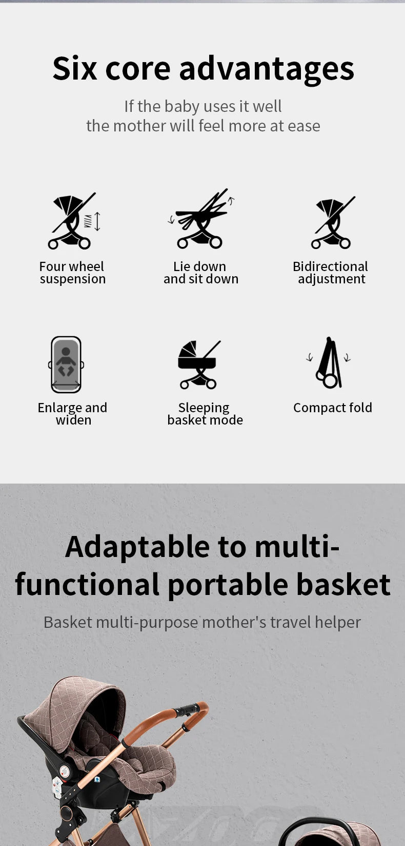 Newest Baby Stroller 3 in 1 Lightweight High Landscape Baby Carriage Aluminum Frame Travel System with Car Seat Pram for Newborn