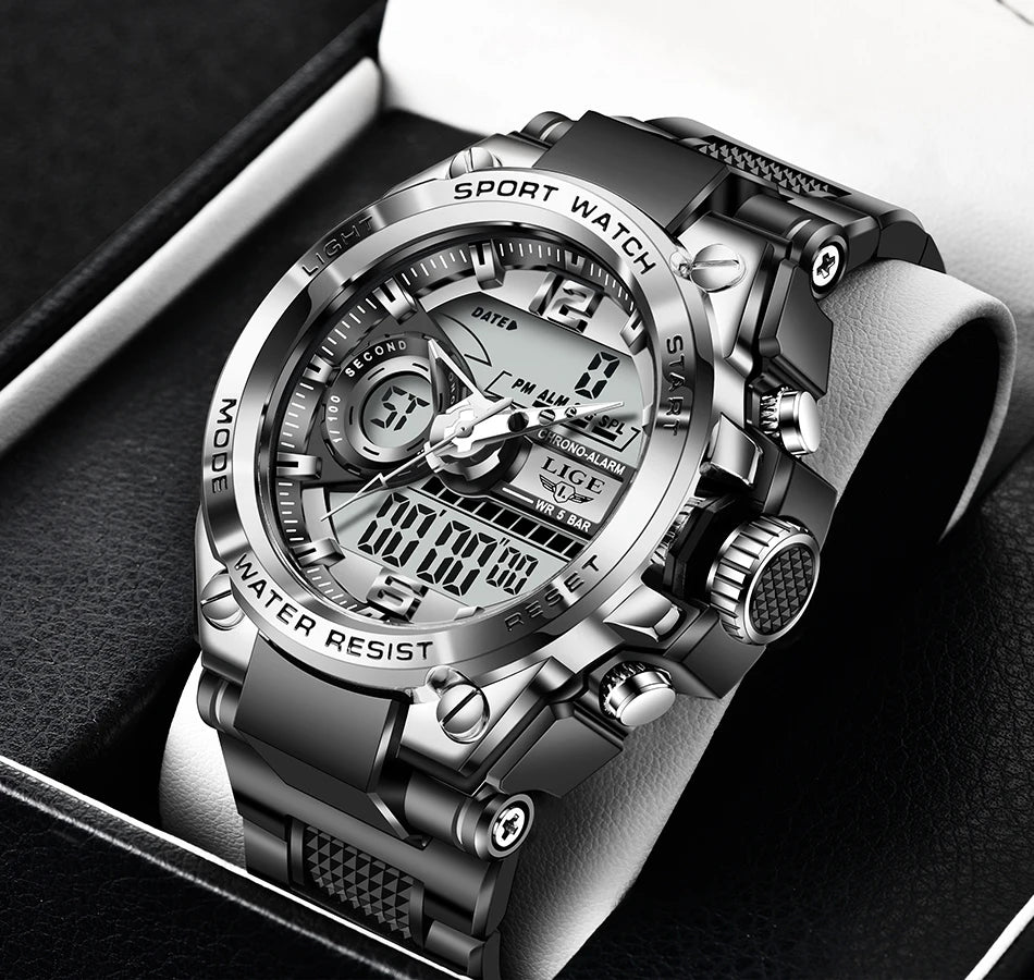 Reloj militar LIGE para hombre, digital, resistente al agua hasta 50 m, LED, de cuarzo, deportivo, grande, Masculino