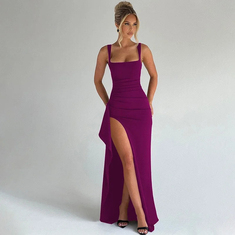 Sexy Solid Pleated Strapless Dress Lady Chic Off-shoulder Backless High Waist Split Dresses Women 2026 New Evening Party Gown