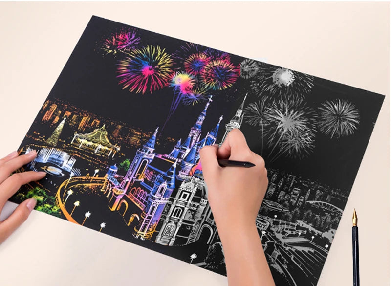 2 Sheets Scratch Paper Art Kit DIY Craft World Landmarks Animals City Scene Stylus Drawing Toy Adult Stress Relief Creative Gift