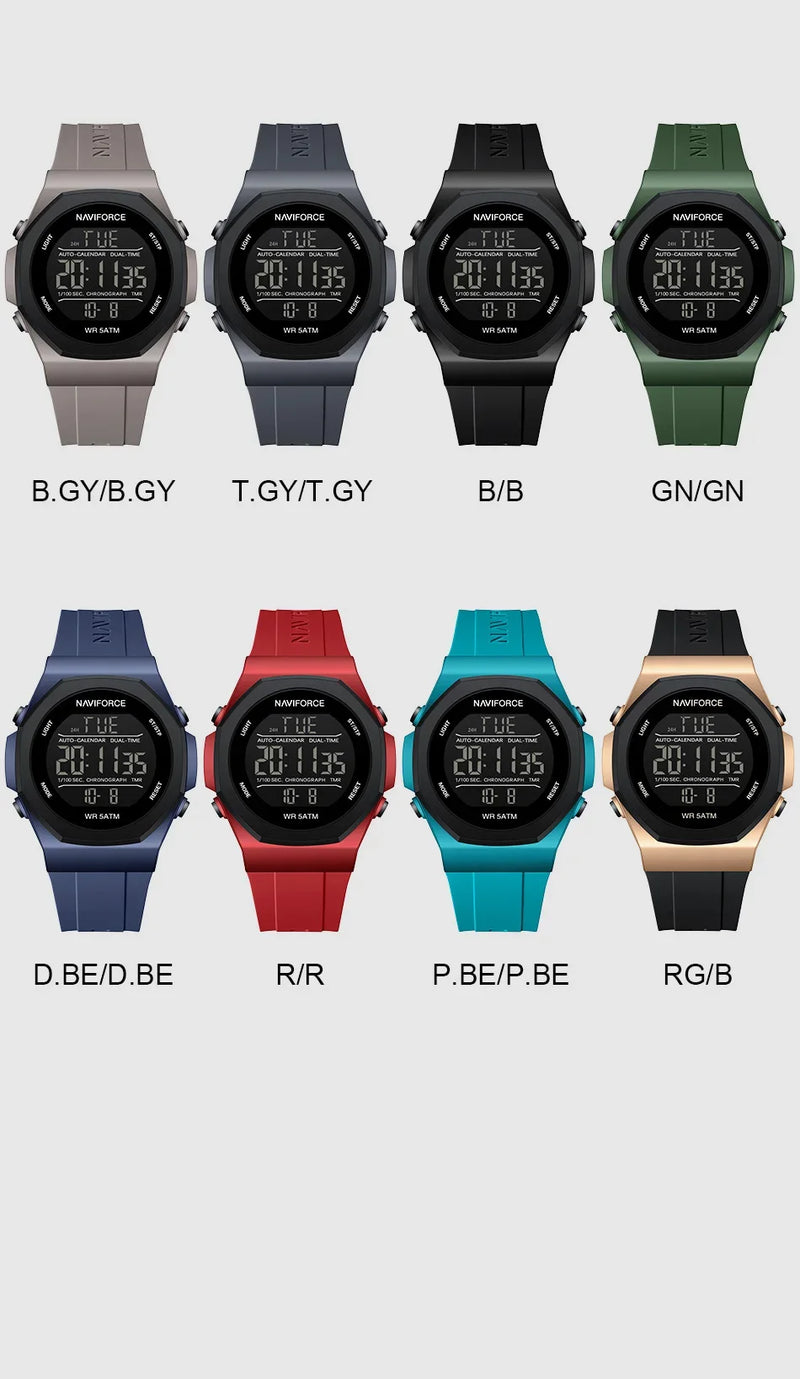 NAVIFORCE NF7117 Sports Watch for Men 5ATM Waterproof Multifunction Electronic Watch Men's LCD Digital Wristwatch