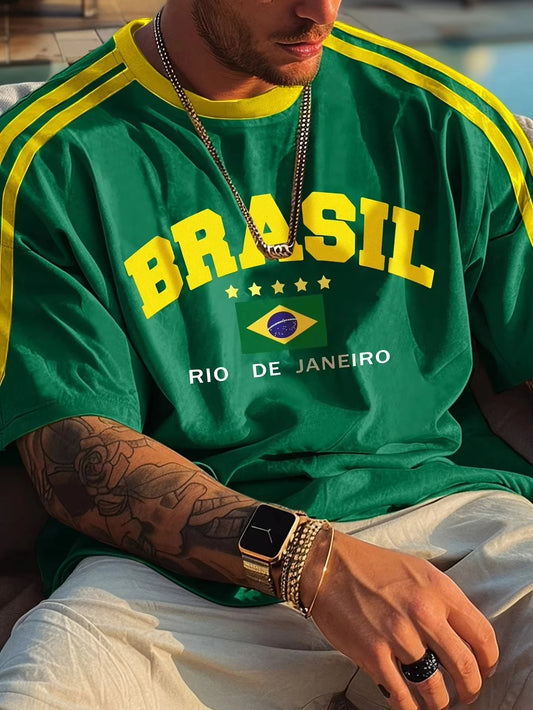 2025 Summer New Five-Star Brazil Print T-Shirt For Men Short Sleeve O-Neck Tees Vintage Casual Sports Mesh Jersey Oversized Tops