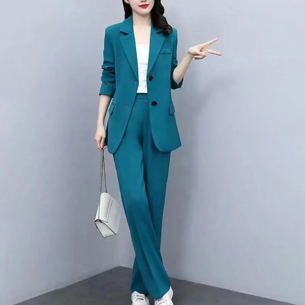 Breathable Two-Piece Set Elegant Women's Business Suit Set with Lapel Button Closure Cardigan Wide Leg Trousers Formal for Plus