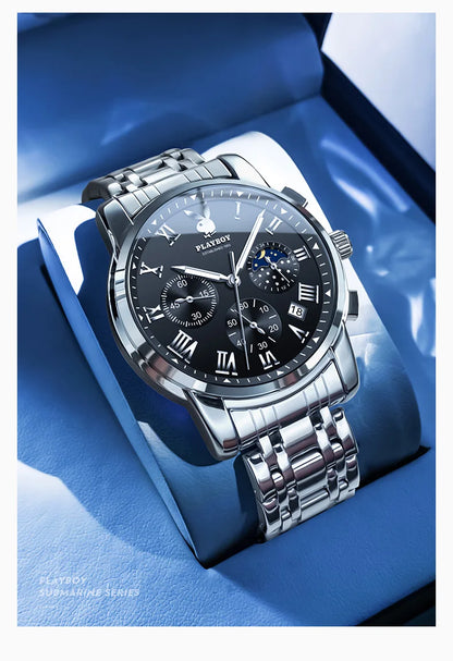 PLAYBOY Best Selling Fashion Luxury Quartz Watch for Men Original Stainless Steel Multifunction Waterproof Men's Wrist Watches