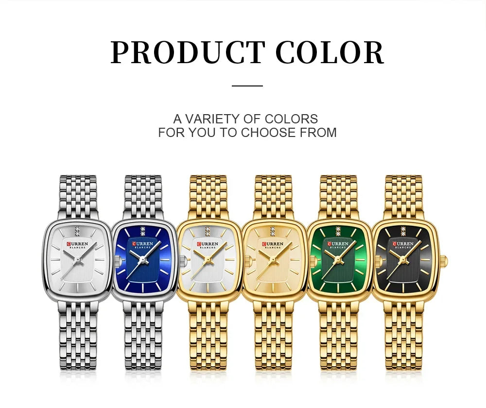 Relógio feminino quadrado dourado em aço inoxidável com calendário