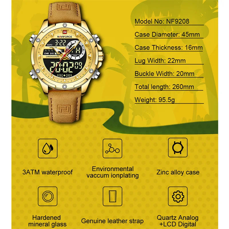 NAVIFORCE Luxury Original Watches For Men Casual Sport Chronograph Alarm Quartz WristWatch Leather Waterproof Digital Clock 9163