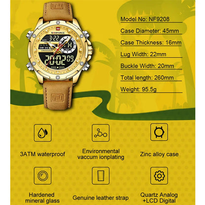 NAVIFORCE Luxury Original Watches For Men Casual Sport Chronograph Alarm Quartz WristWatch Leather Waterproof Digital Clock 9163
