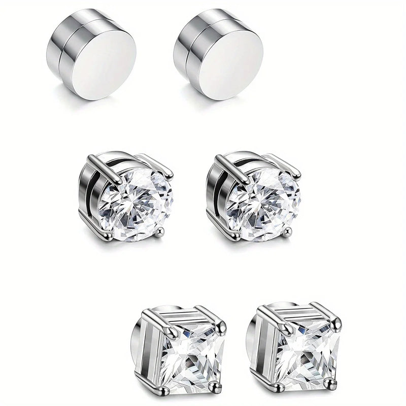 1/3Pairs 6MM Crystal Magnetic No-Pierce Stainless Steel Stud Earrings for Men Punk Zircon Magnet Earrings Non Piercing Jewelry