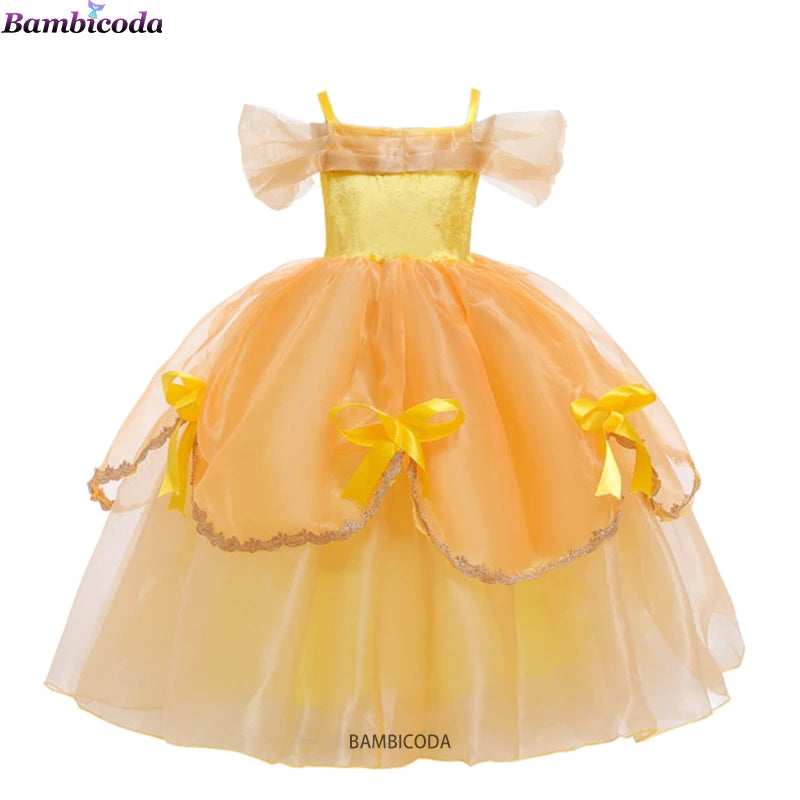 2025 Cosplay Belle Princess Dress Girls Dresses For Beauty and beast Party Clothing Magic stick crown Costume 3-12Y