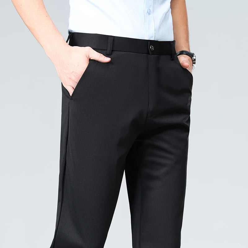Pantalones de talla grande para hombre, pantalones de traje de negocios, pantalones de vestir formales elásticos, pantalones negros clásicos para hombre grande