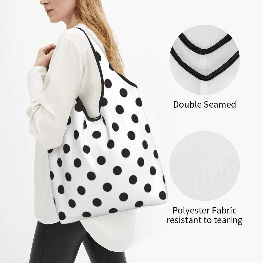 Custom Recycling Classic Black And White Polka Dot Shopping Bag Women Tote Bag Portable Grocery Shopper Bags