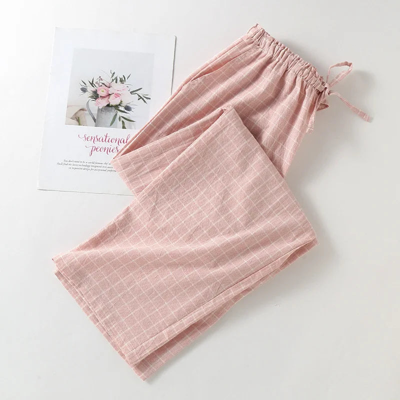Plus Size Japanese Minimalist Checked Women Pajamas Trousers Women Soft Home Pants Loose Casual Pants Elastic Waist Home Pants