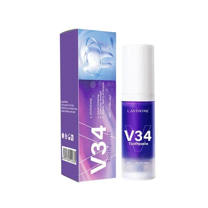 Pasta dental blanqueadora morada V34 de 30 ml. Elimina manchas, reduce el amarilleo y cuida tus dientes, encías, aliento fresco y blanquea los dientes.