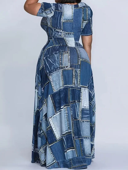 Plus size 1xl-5xl verão maxi vestido feminino casual denim xadrez vestido senhoras em torno do pescoço manga curta verão maxi vestido queimado hem