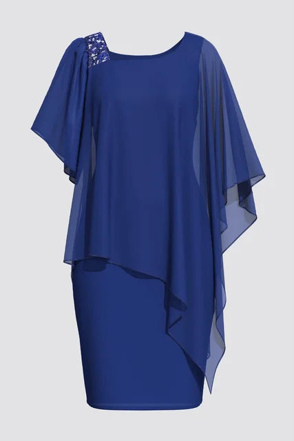 Manto de chiffon assimétrico feminino, tamanho positivo, ombro frio elegante, sobreposição, monocromática, gola redonda, vestidos femininos, verão