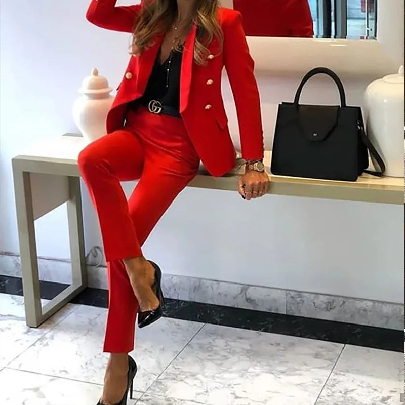 Conjunto de 2 piezas para mujer, otoño e invierno, moda de color liso, traje cruzado, pantalones pitillo ajustados con bolsillos, para oficina, 2023