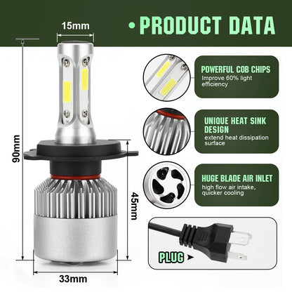 2pcs Ultra-Bright H7 H4 Led Car Headlights 150W High Power 24000Lm 6000K White Cob Chips With Cooling Fan Longer Lifespan
