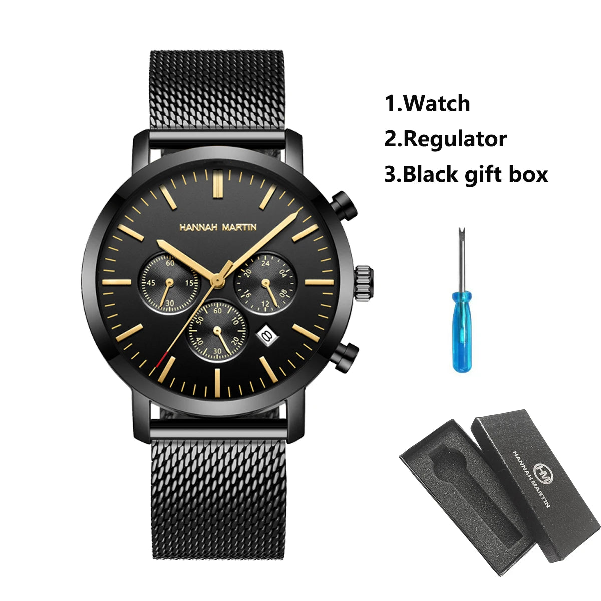 HANNAH MARTIN Brand Men Watch Black Stainless Steel Waterproof Fashion Sports Multifunctional Quartz Wristatch Relogio Masculino