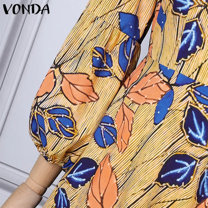 Plus Size VONDA Women Bohemian Maxi Dresses 2024 Casual Floral Printed Sundress Lace Patchwork Round Neck Elegant Robe Vestido