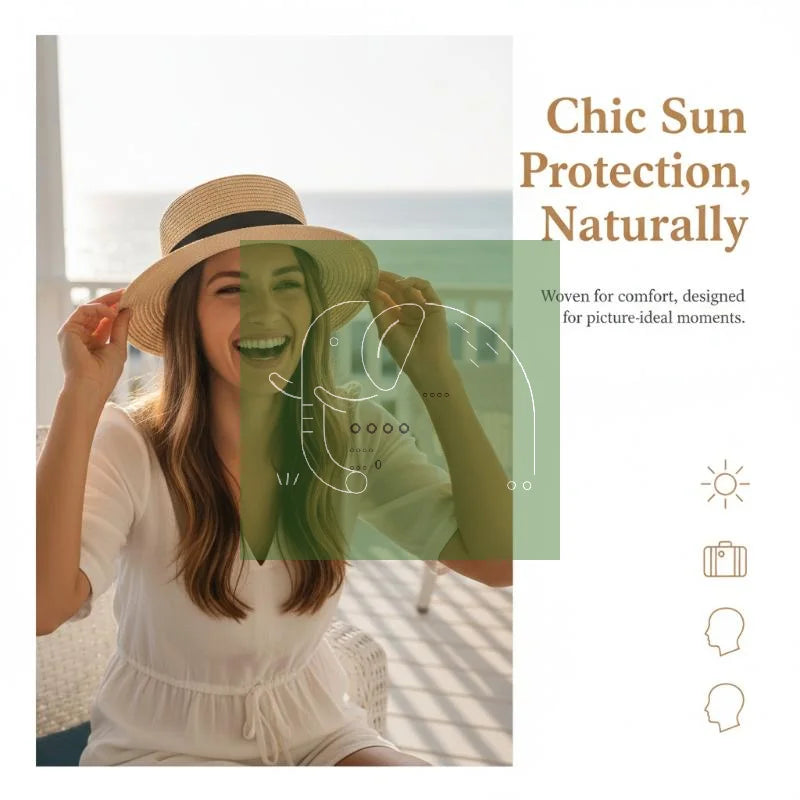 High Quality Flat Top Boater Sun Hat Straw Hat For Men & Women Summer Travel & Beach With Wide Brim UV Protection