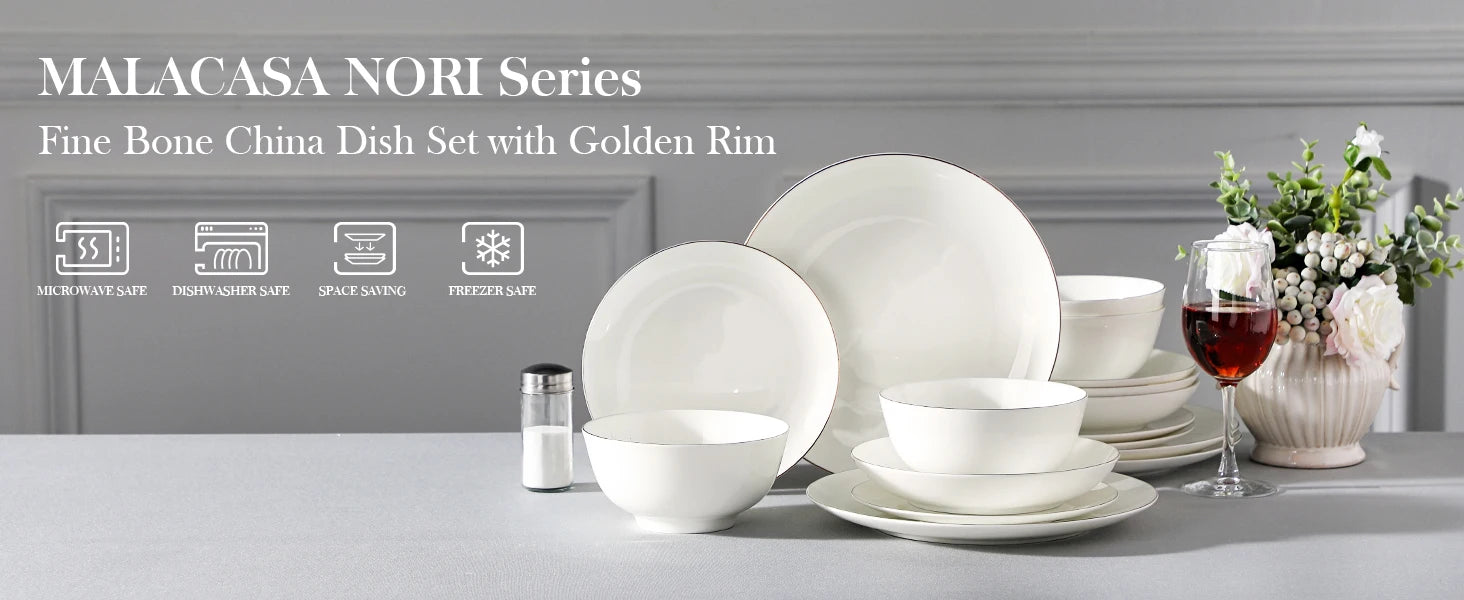 MALACASA Nori 16/32-Piece Nordic European White Bone China Tableware Set with Bowl, Dinner, Dessert, & Soup Plate Set for 4/8 people