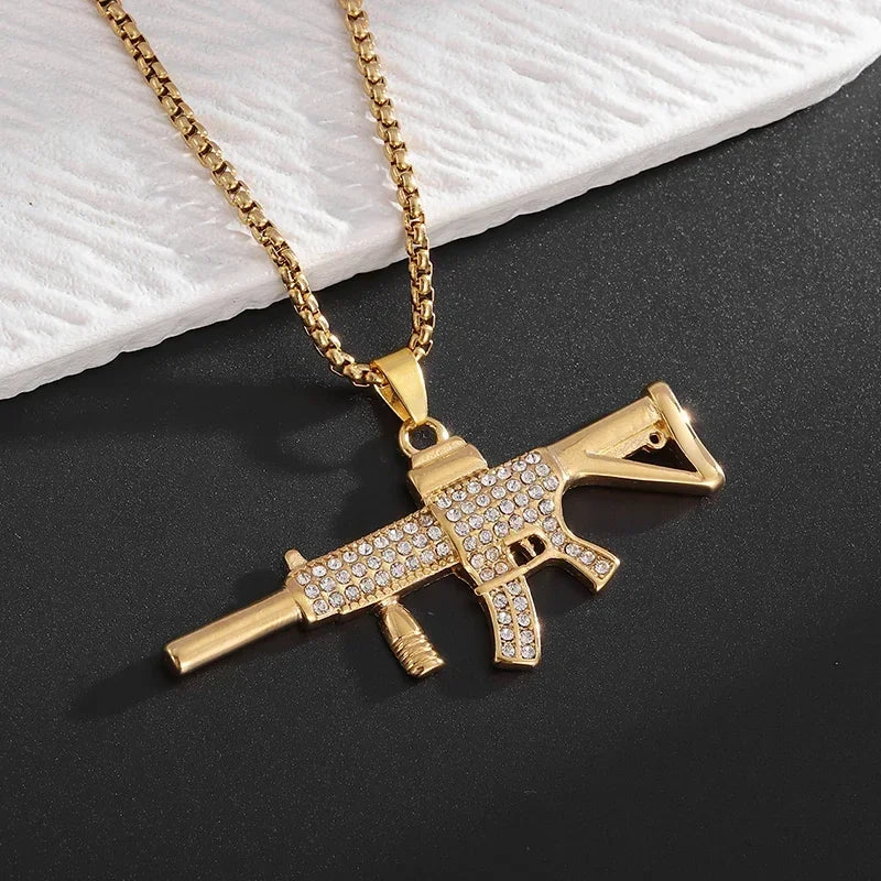 Collar con colgante de circón con incrustaciones de rifle de asalto punk M416 para hombre, estilo hip hop rock, joyería moderna, regalo para niño 