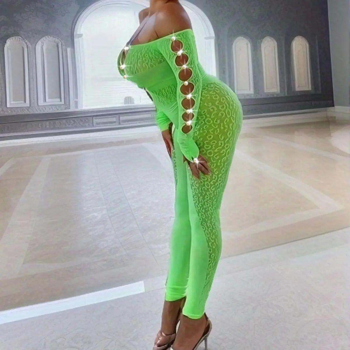 OSEN-Winter Sexy Thick Women one Piece Outfit Chic Hollow Rhinestones Slash Neck Patchwork Leggings Stretch Matching Clubwear